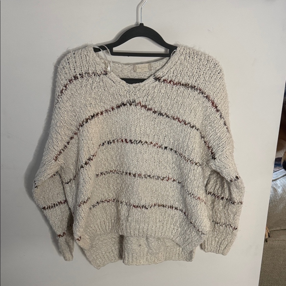 Altar'd State Ivory Knit Crewneck Sweater with Brown Stripe Detail